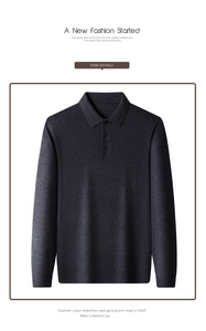 Close-up of dark grey knitted men's long-sleeve polo shirt showing premium fabric texture
