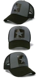 Detailed views of gray mesh trucker hat with star pattern and side profile perspectives