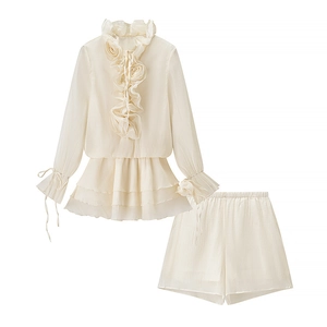 Elegant two-piece off-white chiffon set featuring 3D floral lantern sleeve top and shorts