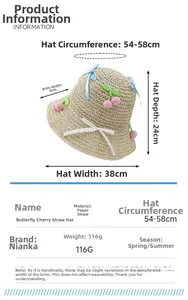 Size guide for women's straw sun hat with cherry accent and paper straw fabric specs