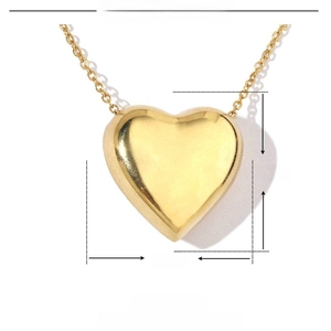 Diagramme technique montrant la taille 25x24mm d'un pendentif cœur doré en acier