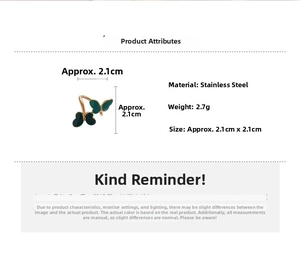 Technical view showing stainless steel dark green butterfly ring size 2.1cm and 2.7g weight