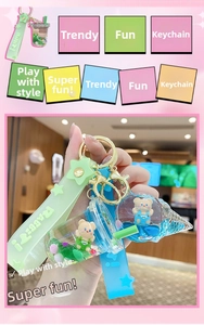 Detail of liquid bear keychain with milk tea and ice cream charms in blue and green