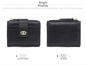 Detailed front and back views of black quilted wallet with gold double ring metal clasp