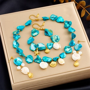 Stainless Steel Necklace Bracelet Earrings Bohemian Turquoise Shell Artificial Pearl Beach Summer Holiday Jewelry For Women