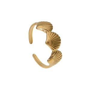 Gold stainless steel open ring with three seashell charms in a minimalist beach design