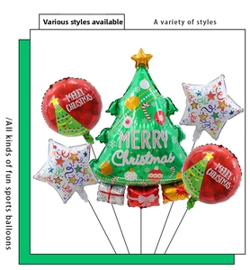 Five-piece Christmas balloon set with festive tree, stars, and merry christmas print