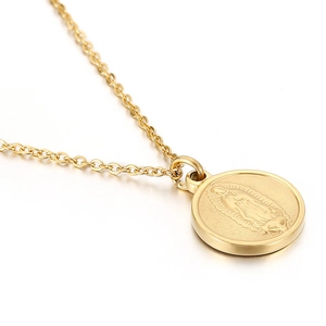 18k gold plated stainless steel necklace featuring a Virgin Mary religious portrait pendant