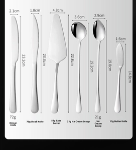 Size chart for stainless steel cutlery including steak knives, cake server, and spoons