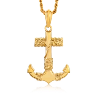 Polished gold anchor pendant necklace with rope texture and twisted chain for men
