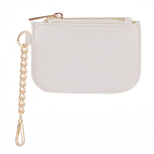 Detailed view of white mini nylon pouch with gold zipper and stylish metal chain hook