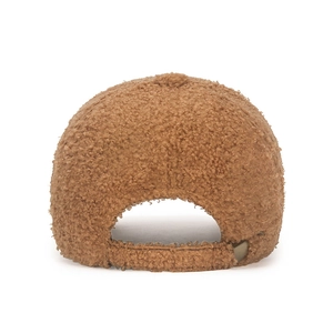 Back view of a caramel brown faux shearling baseball cap with adjustable strap