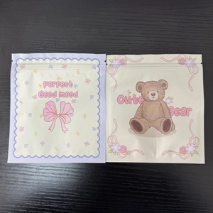Detail of cute bear and floral cartoon patterns on resealable foil packaging bags