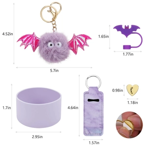 Detailed size chart for purple tumbler accessories with plush bat and silicone boot