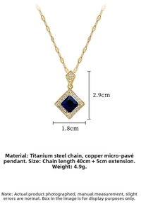 Macro view of blue gem pendant with 1.8x2.9cm dimensions and 45cm gold titanium chain