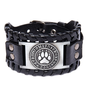 Black double-layer braided leather bracelet with silver bear paw engraved metal plate