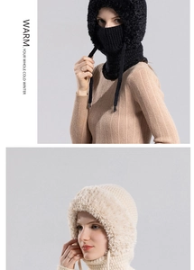 Detail showing plush lining and thick knit texture of the black and beige winter hoods