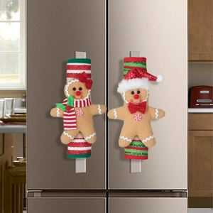 Christmas Gingerbread Man Refrigerator Handle Covers Set Polyester Plush Sequin Kitchen Appliance Protector Decor