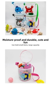 Detail view of mesh beach bag featuring cute cartoon sea creatures and zipper closure