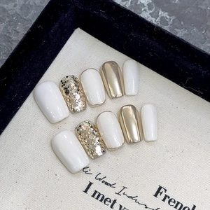 Handmade Press On Nails Milky White Champagne Gold Mirror Glitter Sequins Square Oval French Style Elegant For Women