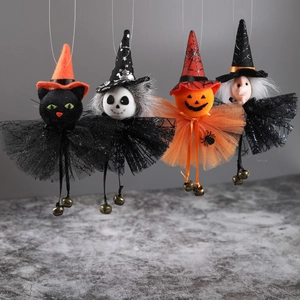 Halloween Hanging Ornaments Fabric Tulle Witch Ghost Pumpkin Black Cat Dolls With Small Bells Party Decor