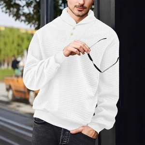 Men Sweatshirt Waffle Knit Long Sleeve Button Lapel Shawl Collar Casual Loose Pullover Top