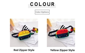 Close-up of kids car-shaped crossbody bag with vibrant multicolor panels and zipper detail