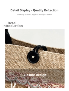 Close-up of woven jute tote bag featuring a black button closure and pink lace trim