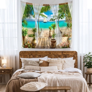 Décoration murale de chambre avec tapisserie paysage de plage tropicale et palmiers marins