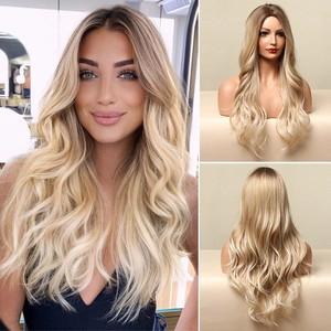 Detail views of ombre gold long wavy wig showing back and side profile on a mannequin head