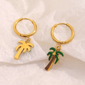 Detail of 18K gold-plated earrings featuring green enamel coconut tree pendants