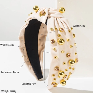 Detailed dimensions of beige beaded headband with gold accents and amber rhinestones