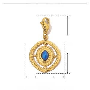Technical drawing showing 30mm length and 16mm width of the blue stone gold pendant