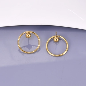 Minimalist 18k gold plated hoop earrings with dangling metal balls on a pastel backdrop