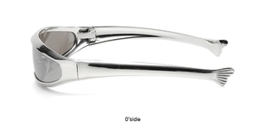 Side view detail of silver Y2K sunglasses with unique fishtail-shaped temple design