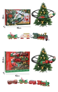 Detailed view of electric Christmas tree train set packaging and track dimensions in centimeters