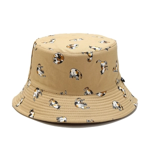 Khaki bucket hat with cute cartoon cat prints made of durable cotton canvas fabric