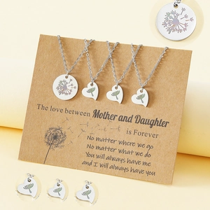Silver stainless steel mother daughter necklace set with dandelion heart pendants