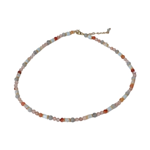 Dunhuang style natural stone beaded necklace with orange and blue beads and gold accents