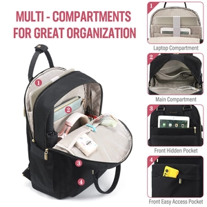 Detail view of large capacity black backpack with organized compartments for laptop storage