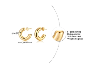 Detailed view of 20mm 18K gold-plated stainless steel C-shaped hoop earrings with dimensions
