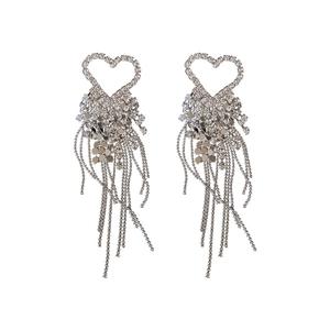 Chic silver long tassel heart earrings with rhinestones and sparkling metallic finish