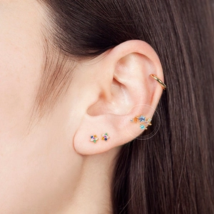 Colorful zircon flower stud earrings and star ear cuff set in 18K gold plated copper