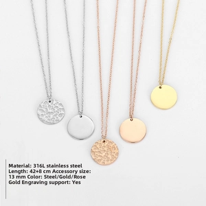 Detailed view of 316L stainless steel round pendant necklaces in gold and silver finishes