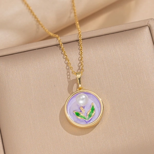 French vintage gold necklace with purple enamel floral pendant and pearl detail