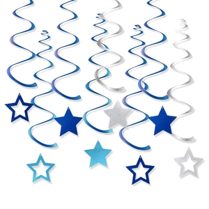 Blue and silver hanging swirl decorations with solid and cutout stars for party ceilings