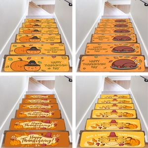 Detail showing non-slip Thanksgiving stair mats with pumpkin and turkey festive patterns