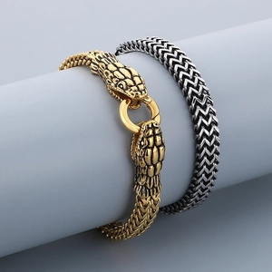 Snake head braided double chain bracelet set in 18K gold and antique silver finish