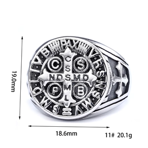 Detail view of Saint Benedict vintage ring with measurements showing 19.0mm height and size 11