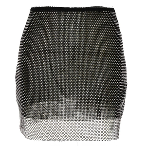 Fashionable black mesh mini skirt with sparkling gold rhinestones and hollow mesh hemline